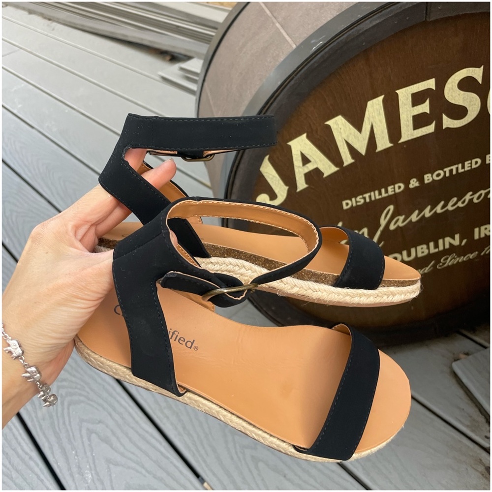 Boho Vegan Suede Buckle Ankle Strap Espadrille Sandal. Black